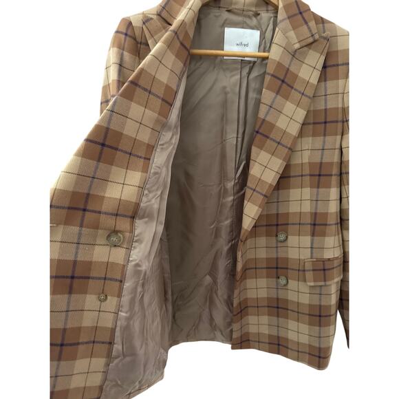 Aritzia Wilfred Wool-Blend Margaux Plaid Double Breasted Blazer Brown Size 0 - Picture 4 of 11